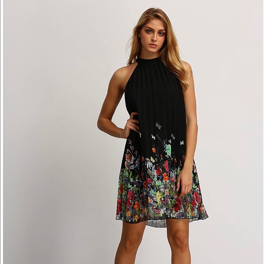 Floral Summer Sleeveless Halter Neck Black Dress - Picture 3 of 11